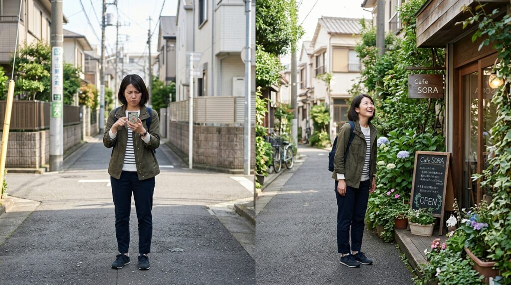 道を間違えてスマートフォンの地図を確認する女性と、その先で偶然見つけた花と緑に囲まれたカフェを喜ぶ女性を左右に描いた実写風画像