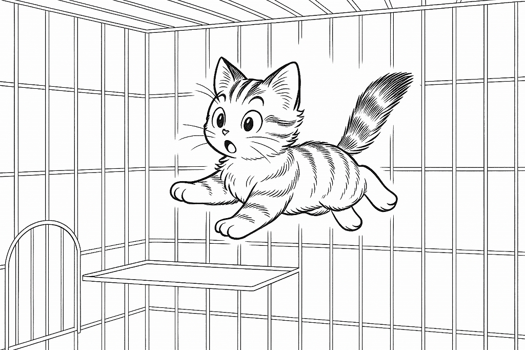 ケージの中を浮遊する子猫