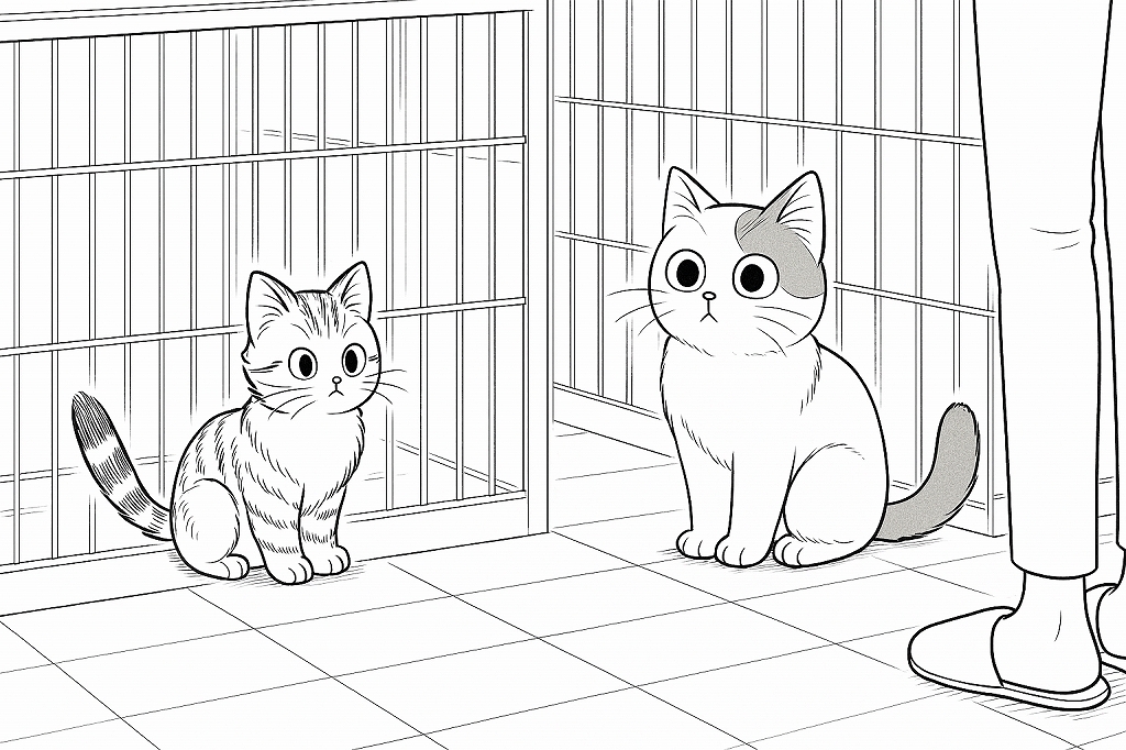 ケージの前で座る2匹の猫を描いたモノクロ漫画イラスト。左にしま模様の子猫、右に額に模様のある白い猫が並び、飼い主の足が画面右に描かれている。