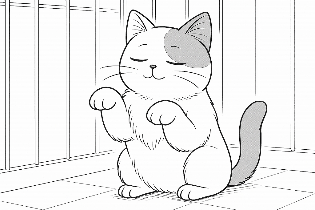 ケージの中で目を細め、前足を胸の前で持ち上げる“ふみふみ”ポーズの白い猫を描いたモノクロ漫画イラスト。うっとりした表情が特徴。