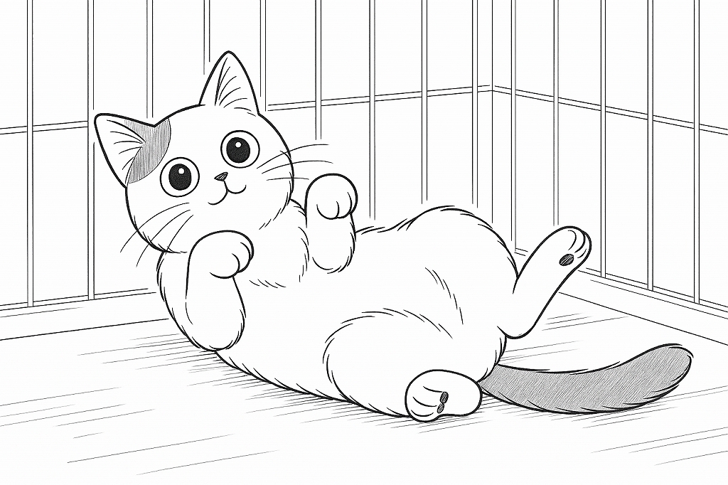 ケージの中で仰向けになり、お腹を見せて甘えたポーズをする白い猫のモノクロ漫画イラスト。両前足を丸め、上目遣いでこちらを見つめている。