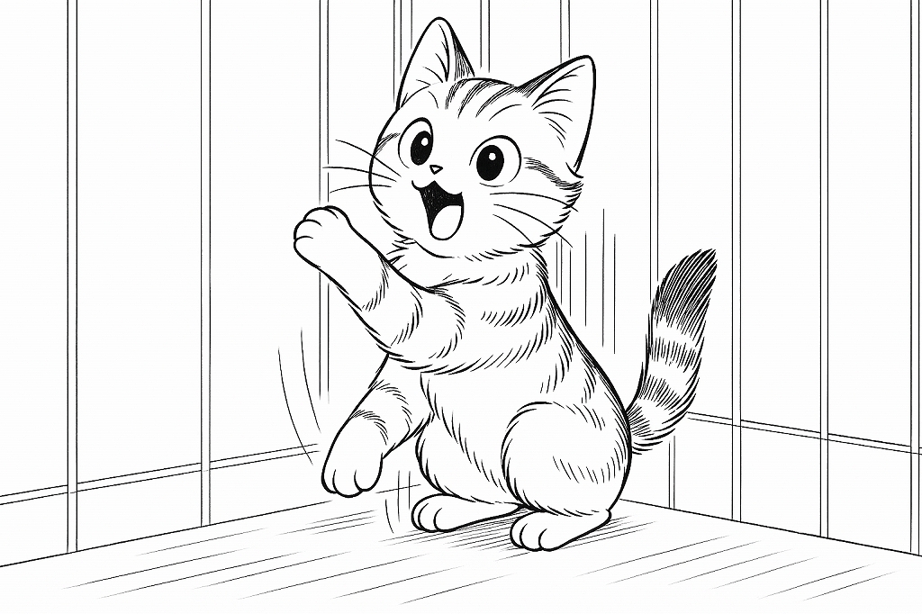 ケージの中で後ろ足を踏ん張り、前足で柵につかまってよじ登ろうとするしま模様の子猫を描いたモノクロ漫画イラスト。口を開けて鳴いている様子。