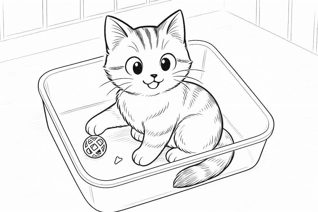 ベッドの中でボール遊びする子猫。