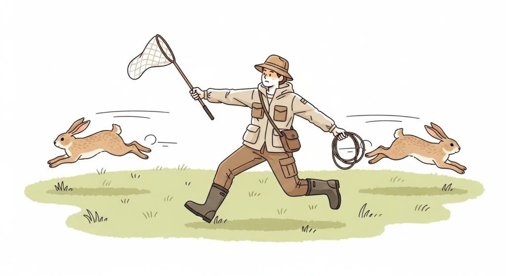 二匹のうさぎを同時に追いかける人物が、どちらも捕まえられずにいる様子のイラスト。