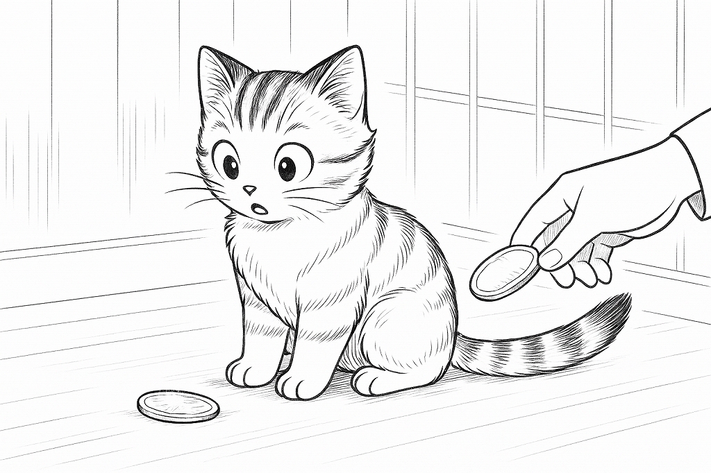 差し出されたコインを前に、驚いた表情でじっと見つめる子猫の白黒線画イラスト