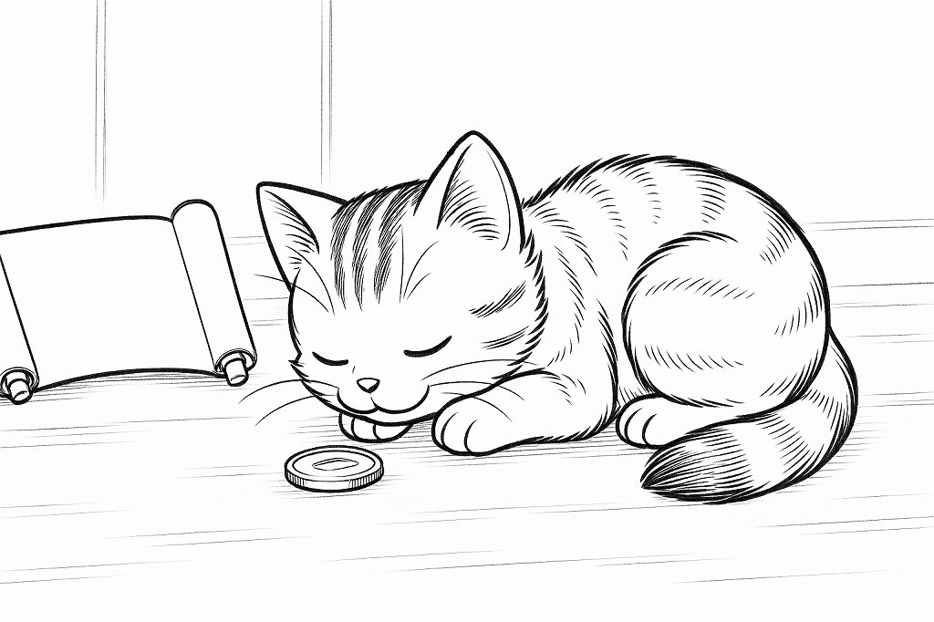 巻物の横で丸くなり、懇意を前足に置いたまま眠る子猫の白黒線画イラスト