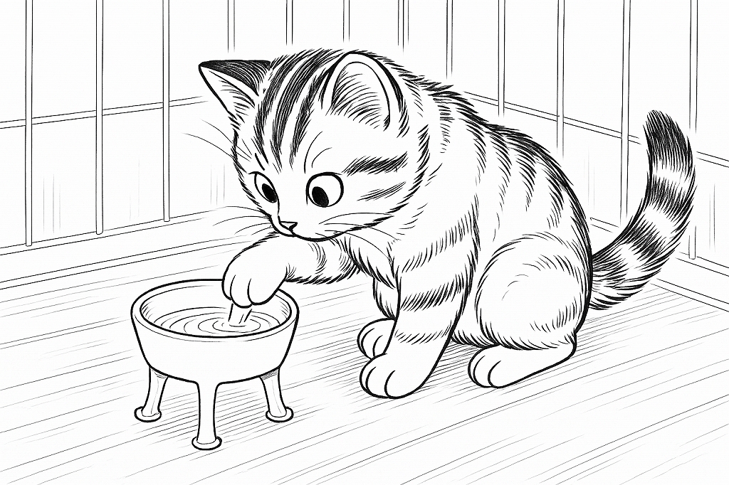 脚付きの水容器に前足を入れ、興味深そうに水面を触っている子猫を描いた白黒線画のイラスト。