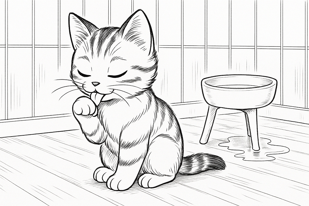 濡れた前足をぺろぺろ舐めて毛づくろいしている子猫と、その後ろで水がこぼれ傾いた脚付き水容器が描かれた白黒線画のイラスト。