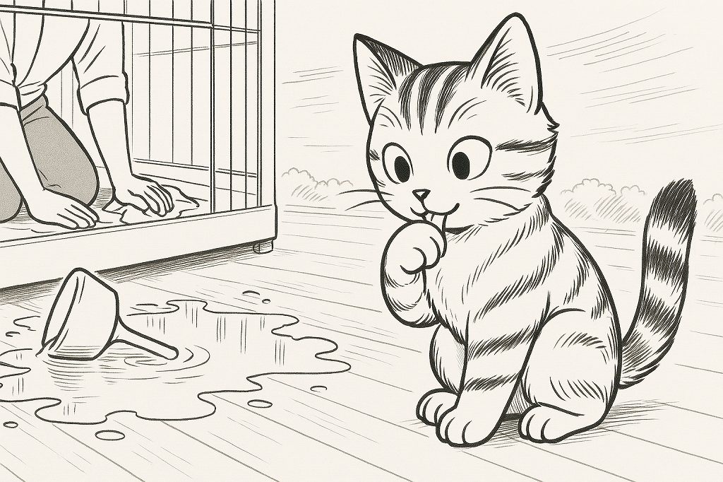 床にこぼれた水を飼い主が拭き掃除している横で、満足げな顔で前足を舐めている子猫を描いた白黒線画のイラスト。