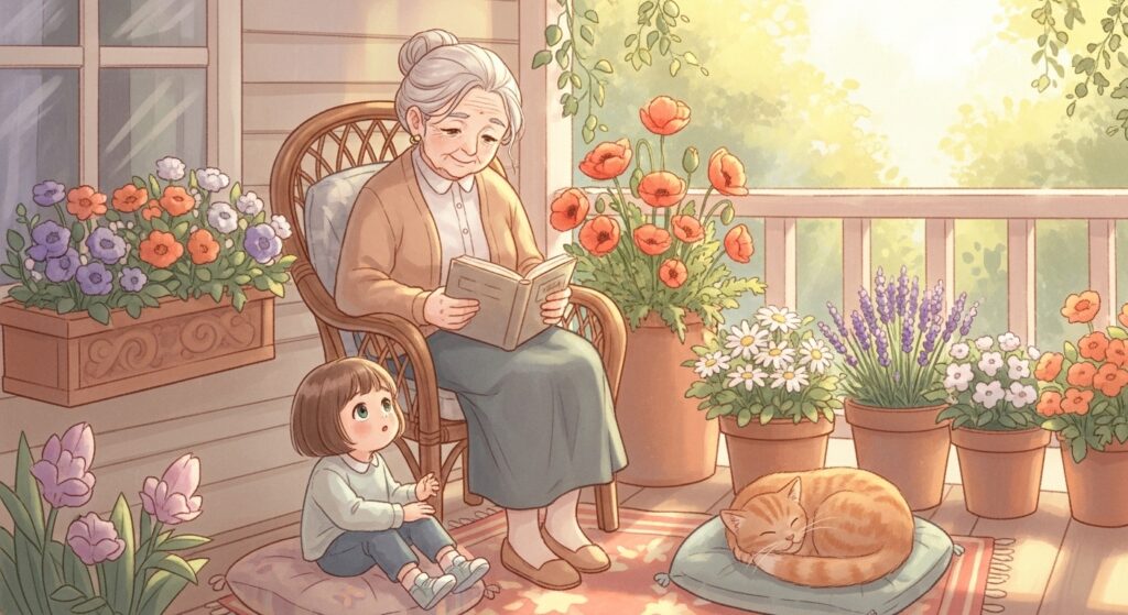 テラスで本を読むおばあさんと、それを見つめる子ども。まわりには花が咲き、猫が静かに眠っている。