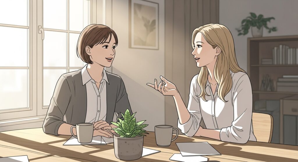 窓際の明るいカフェで、笑顔で話し合うふたり。自然光に包まれた柔らかな雰囲気。