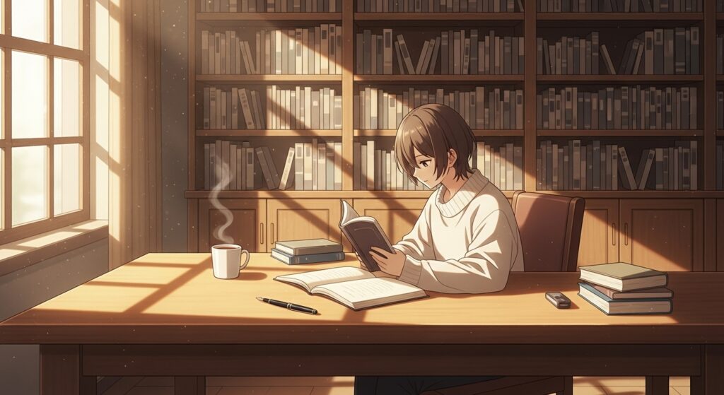 木の机で本を読みながら静かに考え込む人。窓から柔らかな光が差し込み、落ち着いた雰囲気の書斎。