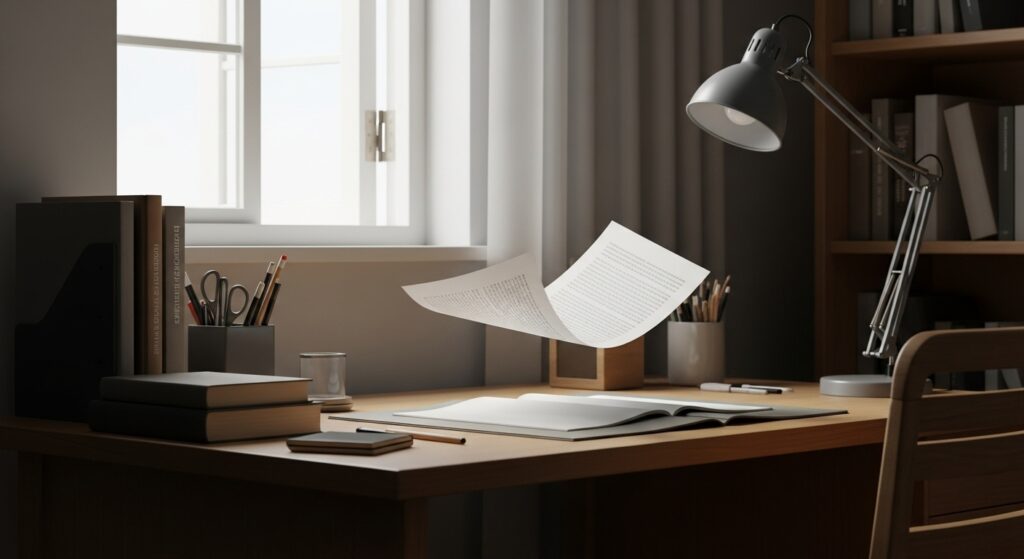 明るい窓辺の書斎で、机の上の書類がふわりと風に持ち上げられ宙に浮いている様子。周囲には本や文具が並び、静かな部屋の中で起こる予期せぬ動きを表現。