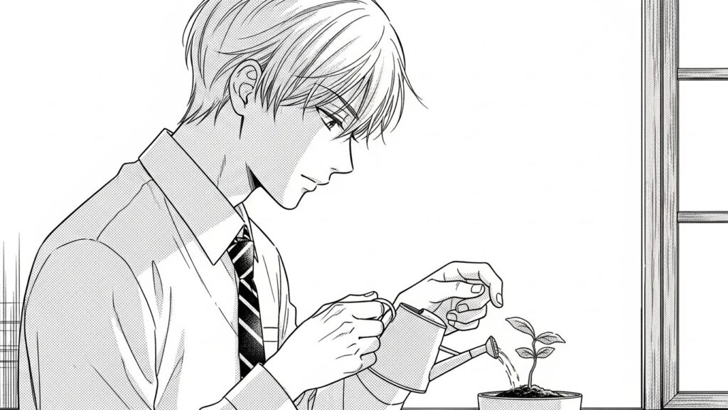 スーツ姿の男性が、小さな苗に集中して静かに水を注いでいる様子。丁寧に取り組む姿勢を表した線画イラスト。