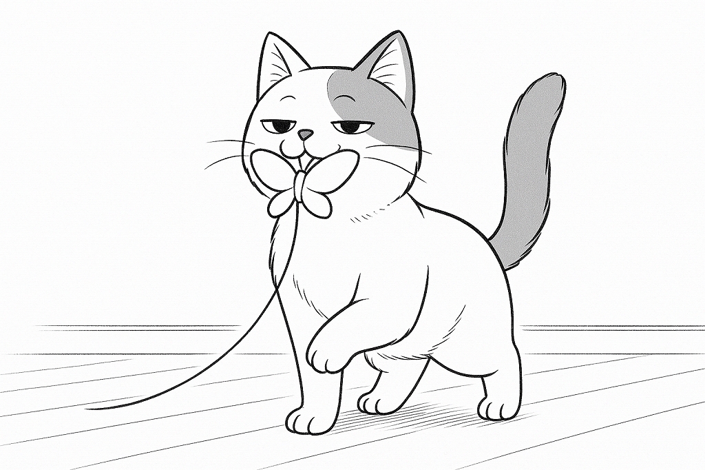 蝶の飾りを口に咥え、半眼で得意げに歩く猫の線画イラスト。紐が不自然に垂れ下がっている。