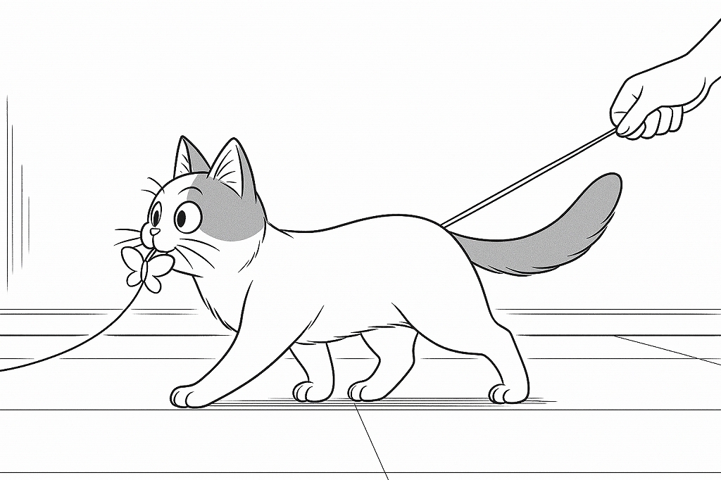 蝶を咥えた猫が前進しているが、紐が棒の位置とつながらず不自然に描かれている線画イラスト。
