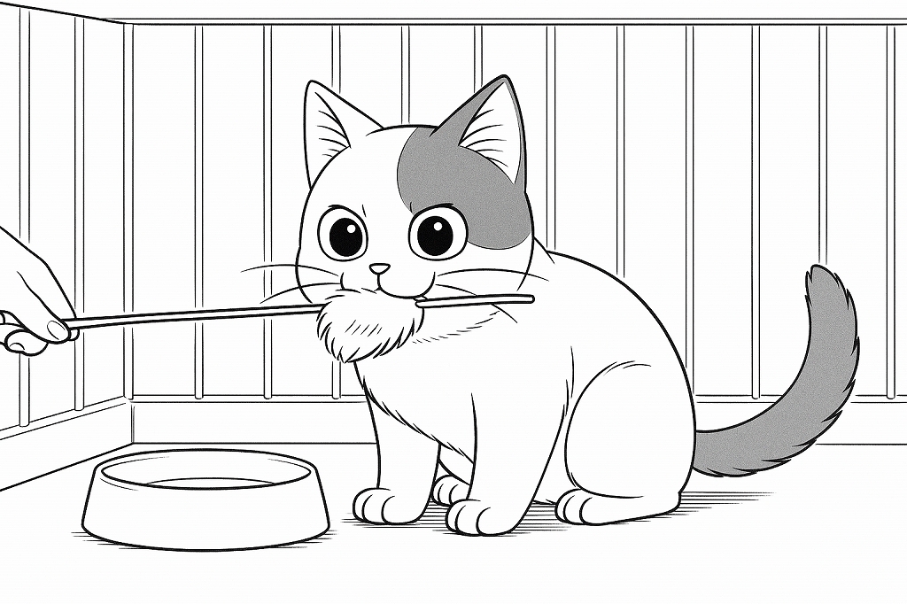 ケージの中で猫じゃらしを口にくわえたまま座っている猫の白黒線画。