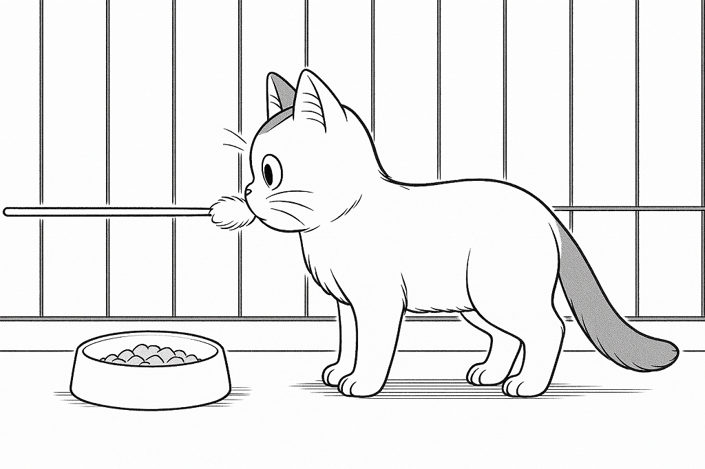 猫じゃらしの先端をくわえた猫が、ケージ内のフードボウルをじっと見つめている白黒線画。