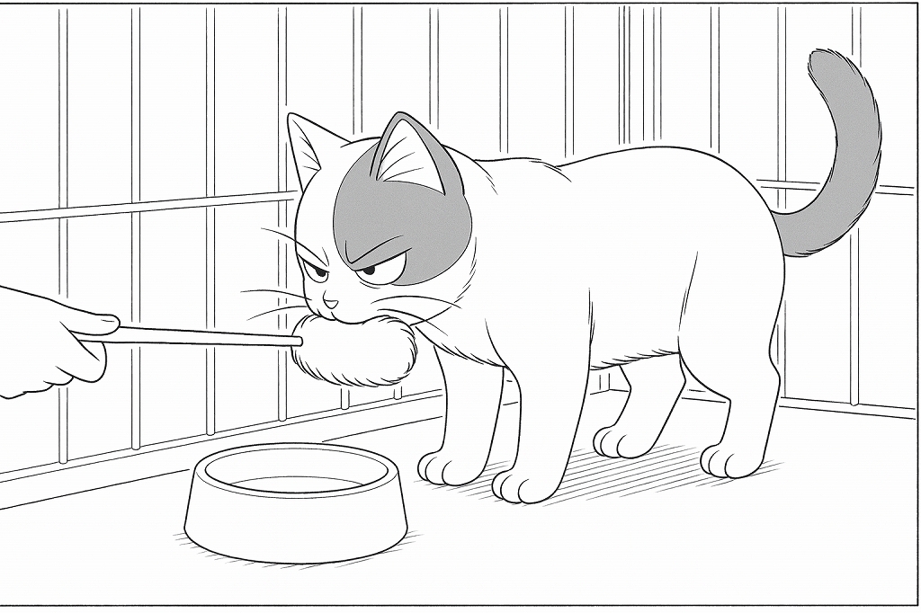 猫が猫じゃらしを強く噛みしめ、引っ張る手に対して怒った表情で抵抗している白黒線画。