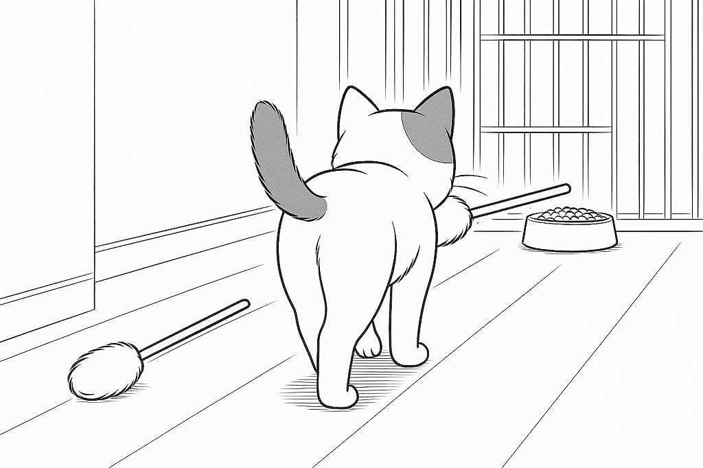 廊下を歩きながら猫じゃらしをくわえ、ケージ内のごはんへ向かっている猫の白黒線画。