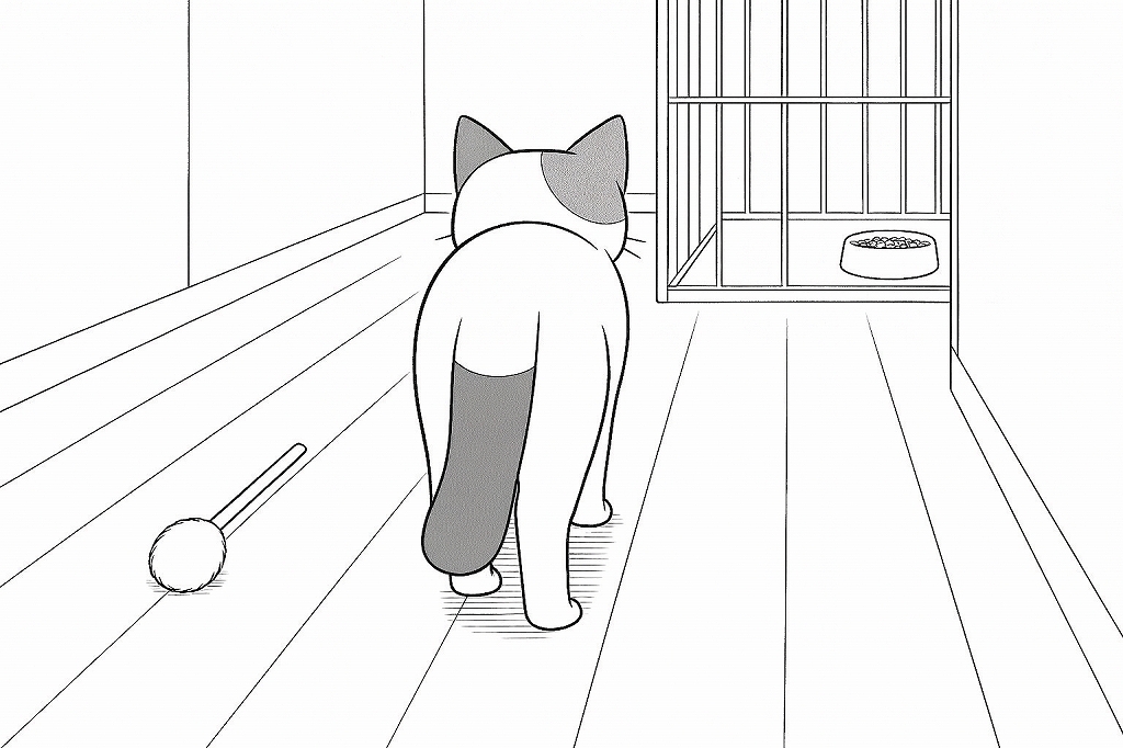 床に落ちた猫じゃらしを背に、猫がケージに向かって歩いている後ろ姿の白黒線画。