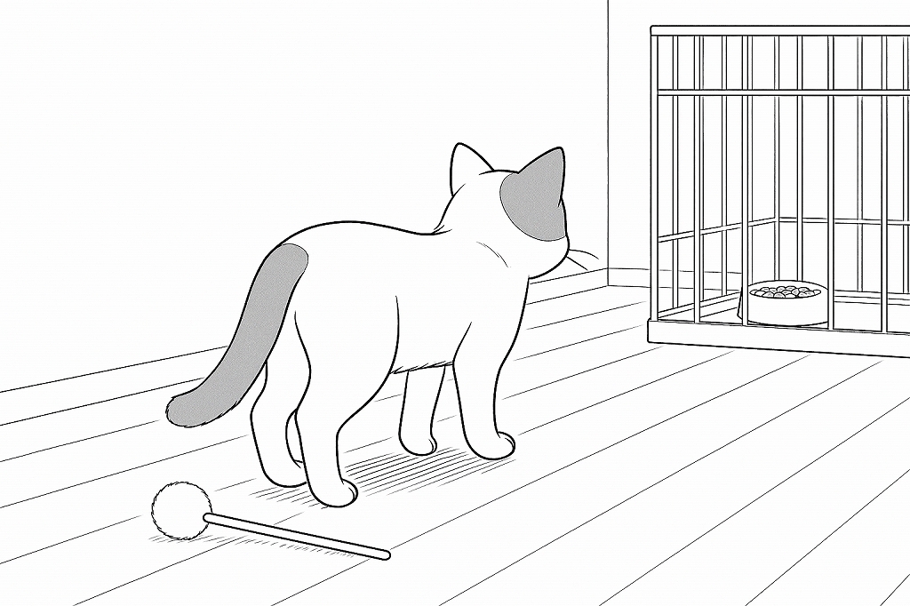 猫じゃらしを床に置き、フードボウルのあるケージへゆっくり歩いていく猫の白黒線画。