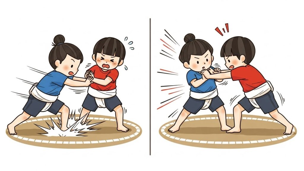 青いシャツの子が優勢の場面と、赤いシャツの子が押し返す場面を並べて描いた、一進一退の状態を表す子ども相撲のイラスト。