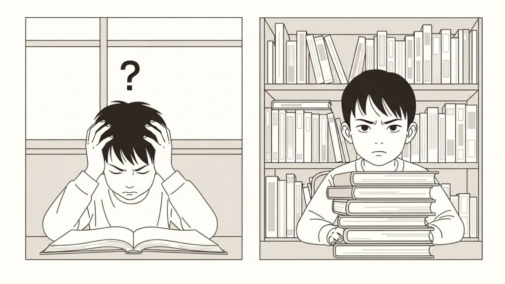 本を前に頭を抱えて悩む子どもと、参考書を積み上げて真剣な表情で向き合う子どもを並べたイラスト。行き詰まった末に最後の手段に踏み切ろうとする様子を表している。