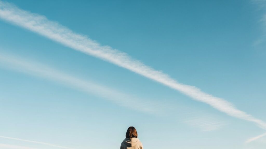 秋の空を見上げる人物の後ろ姿と、高い位置に伸びる薄い雲が印象的な青空の風景。