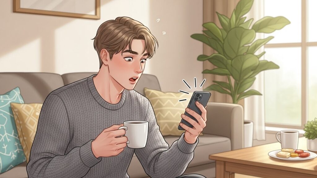 スマホの突然の通知に驚く男性が、カップを持ったまま固まっている様子のイラスト。予想外の知らせに驚く「寝耳に水」のイメージ。