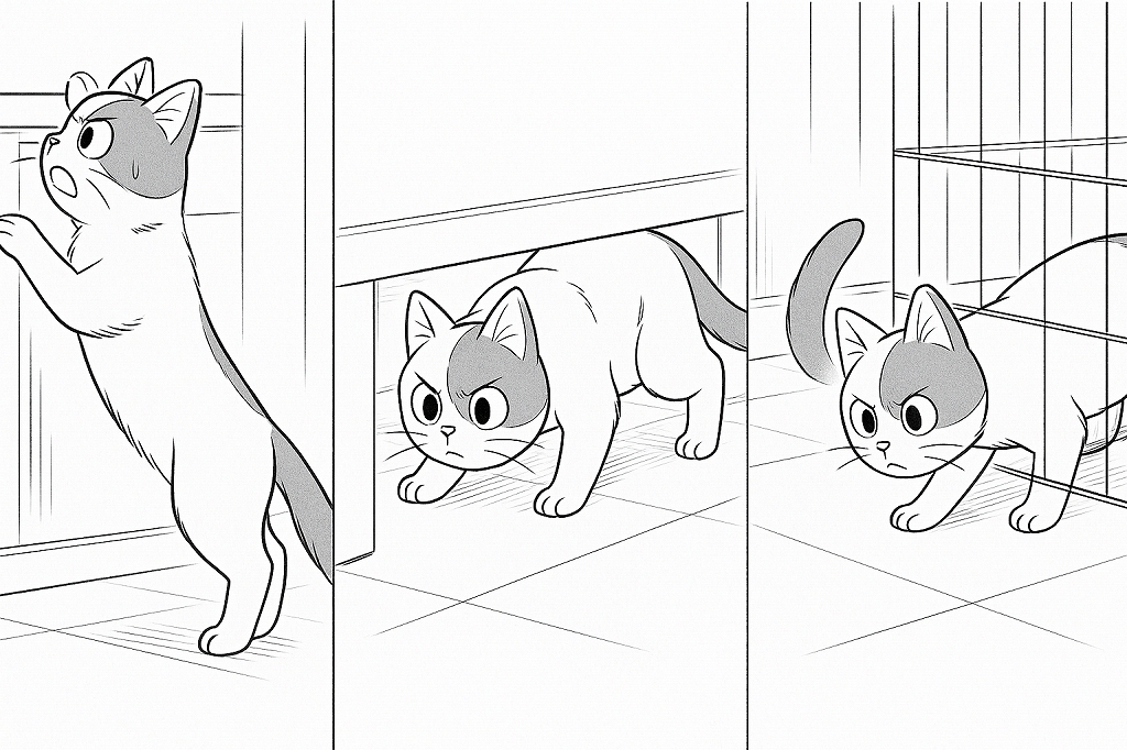 部屋の中で棚の横や床下を真剣な表情で探し回る猫の様子を描いた白黒線画の漫画カット