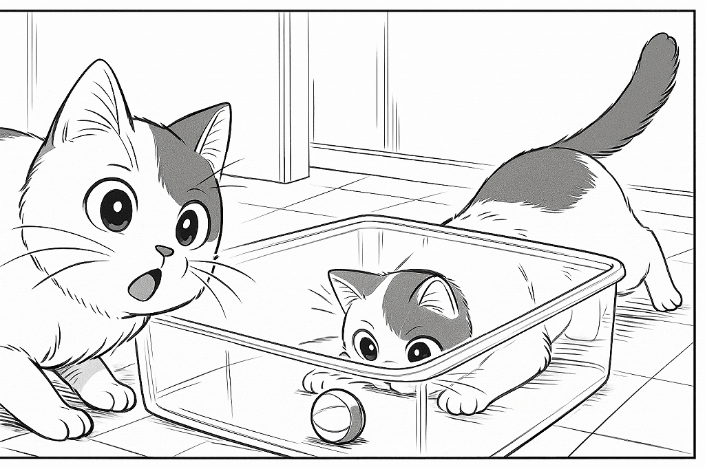 透明なタッパーベッドの中にあるボールを前に、好奇心いっぱいの表情で覗き込む猫を描いた白黒線画の漫画カット