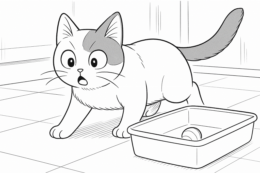足元のタッパーベッドに入ったボールを見つけて驚いた表情を浮かべる猫の白黒線画の漫画カット