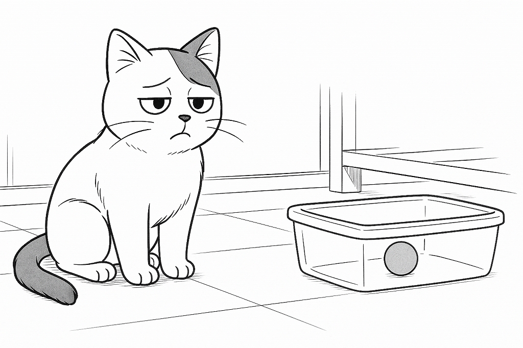 探し物が足元にあったと気づき、少し気まずそうに座り込む猫とタッパーベッドを描いた白黒線画の漫画カット