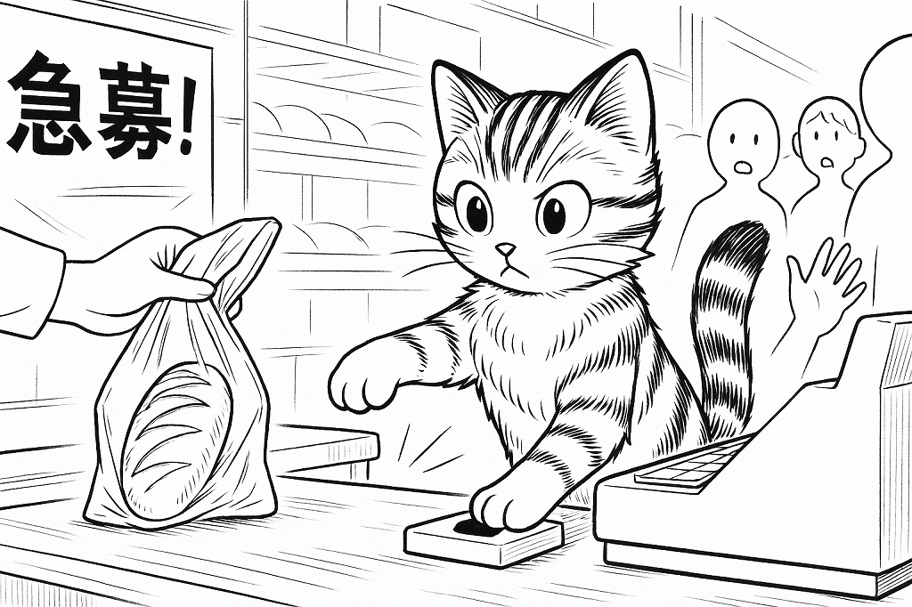 レジカウンターで子猫が前足を使ってレジのボタンを押し、買い物袋を受け取る手元が描かれた4コマ漫画の一場面。