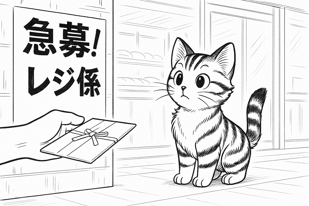 「急募！レジ係」の貼り紙が掲示された店先で、子猫が立ち止まり、貼り紙を見上げている様子を描いた4コマ漫画の一場面。