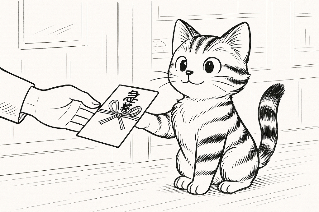 店内で子猫が人の手から祝儀袋を受け取り、満足そうに座っている姿を描いた4コマ漫画の一場面。