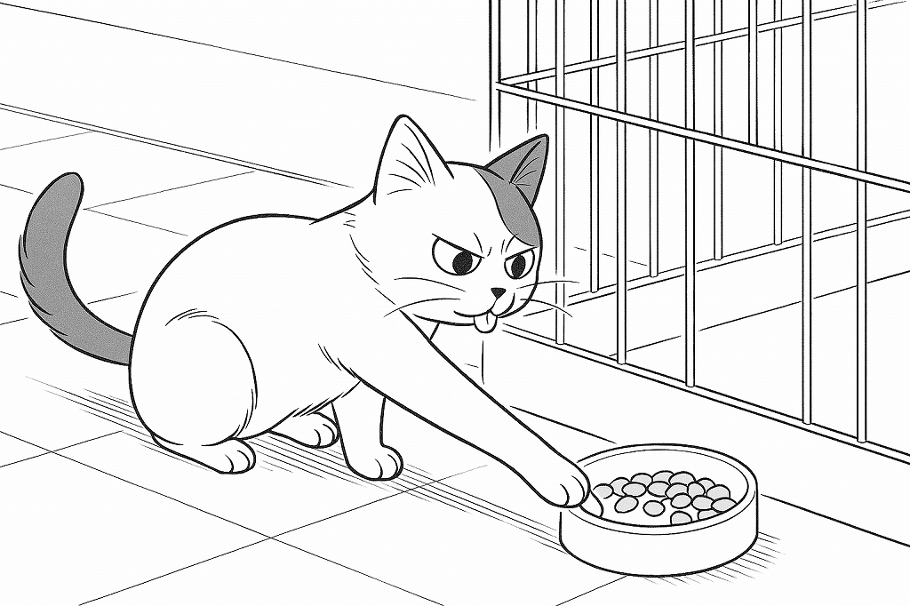 ケージの前で白い猫が前足を伸ばし、床に置かれたフードボウルの中のカリカリに触れようとしている様子