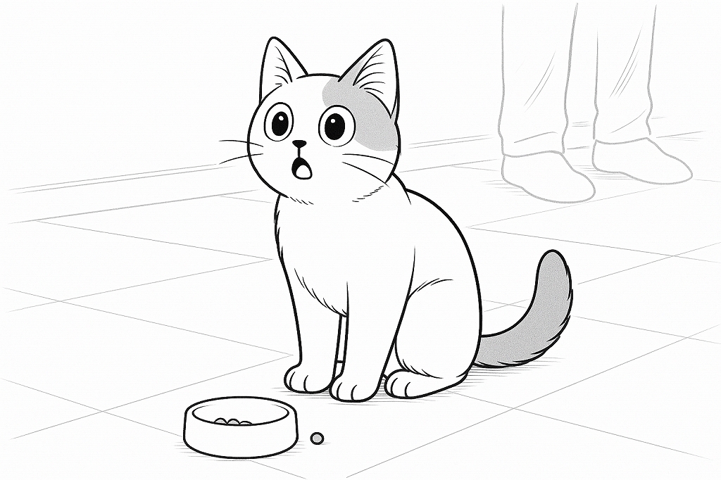 床に落ちたカリカリとフードボウルの前で座り、口を少し開けて飼い主の気配に気づいた白い猫