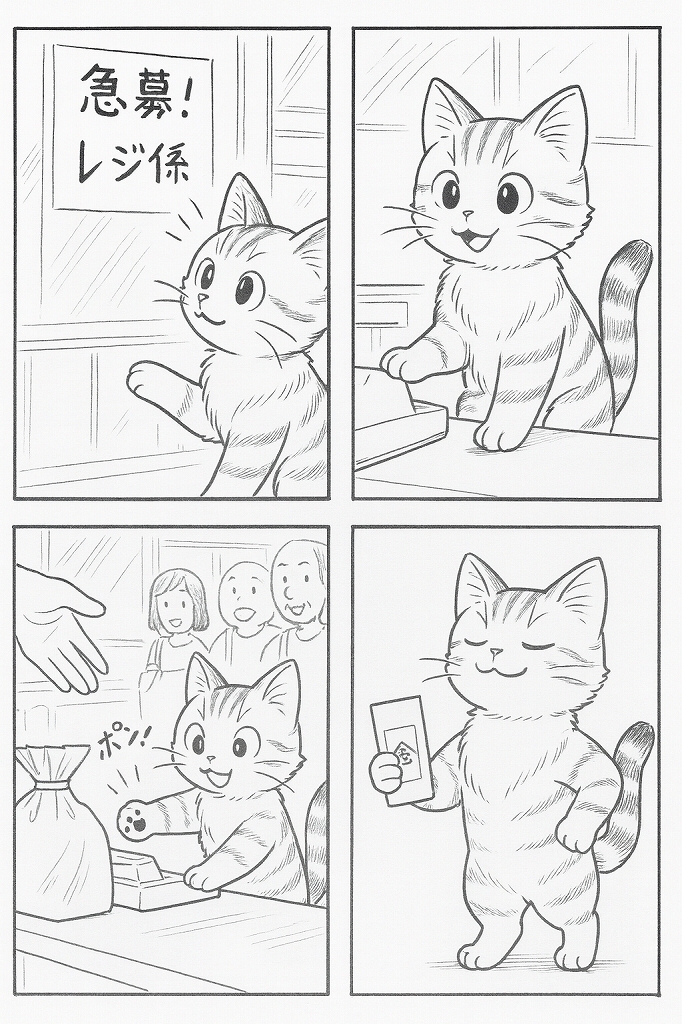 「急募！レジ係」の貼り紙を見つけた子猫が、レジ前に立ち、肉球でレジを打って手伝い、最後に祝儀袋を手に満足そうに立つ様子を描いた4コマ漫画。