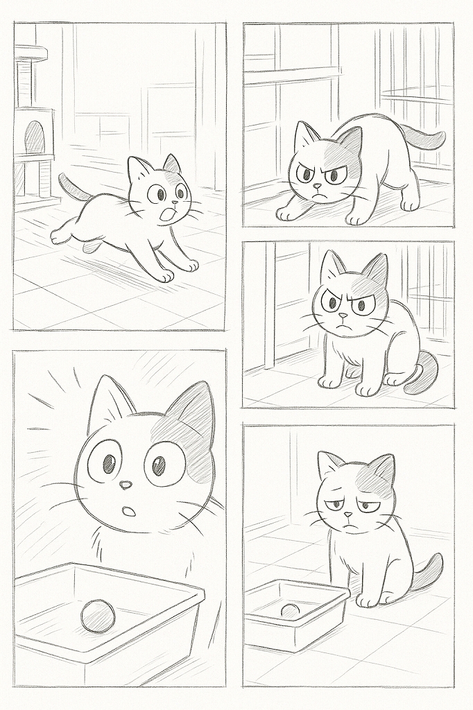 猫が部屋の中を探し回り、足元の箱の中にあるボールを見つけて脱力するまでの流れを描いた4コマ漫画の絵コンテ風ラフ