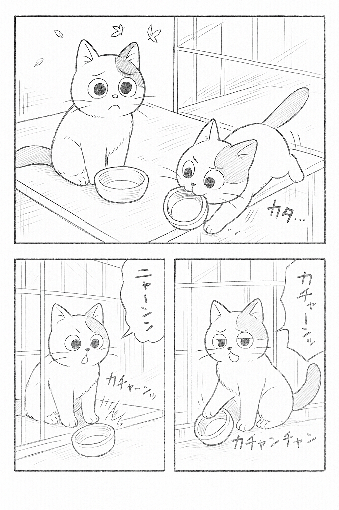 ケージ内で空のフードボウルを前にした猫が、ごはんを待ちきれずボウルを口でくわえたり、前足で叩いて音を出したりして催促する様子を描いた4コマの絵コンテ風ラフ。