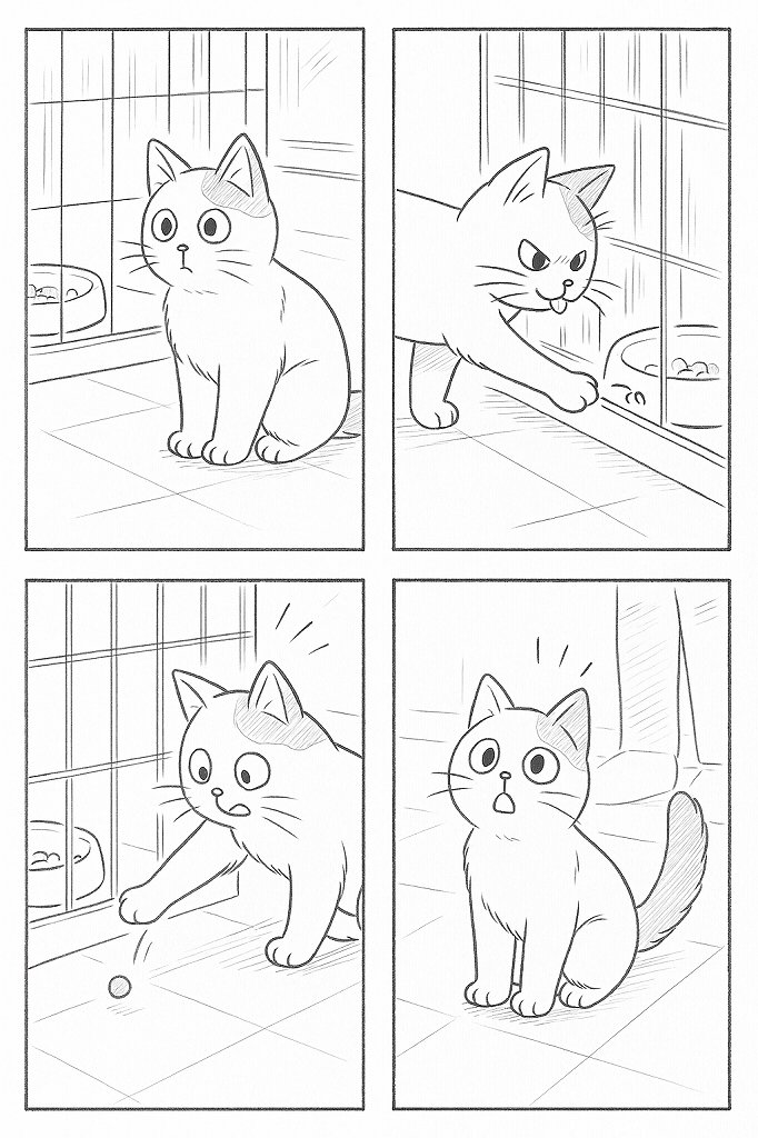 ケージの前でごはんを見つめる白い猫が、前足を伸ばしてカリカリに触れようとし、転がり落ちた一粒に驚いたあと、何事もなかったように座っている様子を描いた4コマ漫画