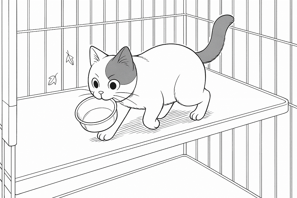 ケージの上段で、猫がフードボウルの縁を口でくわえ、慎重に棚板を移動している様子。落ち葉のモチーフが残っている。