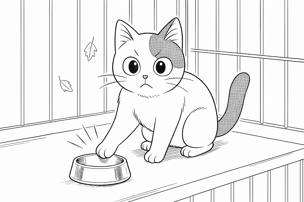 ケージ内で、猫が前足でフードボウルを勢いよく置き、こちらを見つめてアピールしている場面。ボウルが床で光っている。