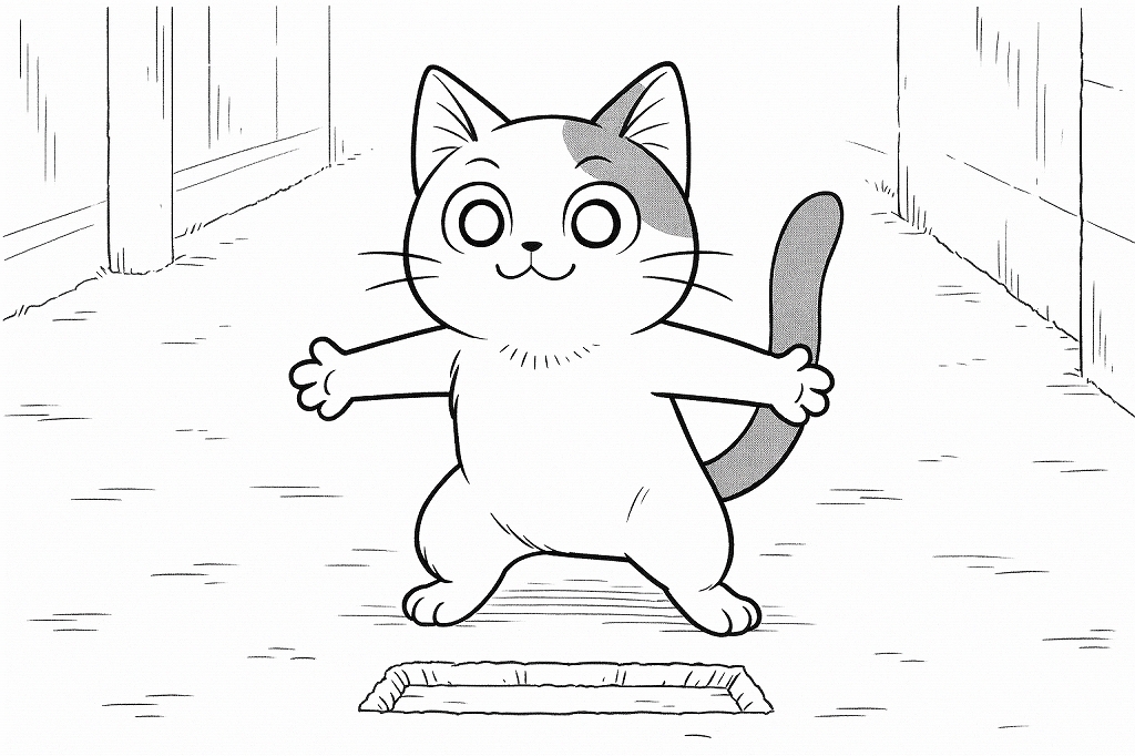 両手を広げて狭い土地を指し示す猫の白黒線画。細長い溝のような場所をマイホーム予定地として喜んでいる。