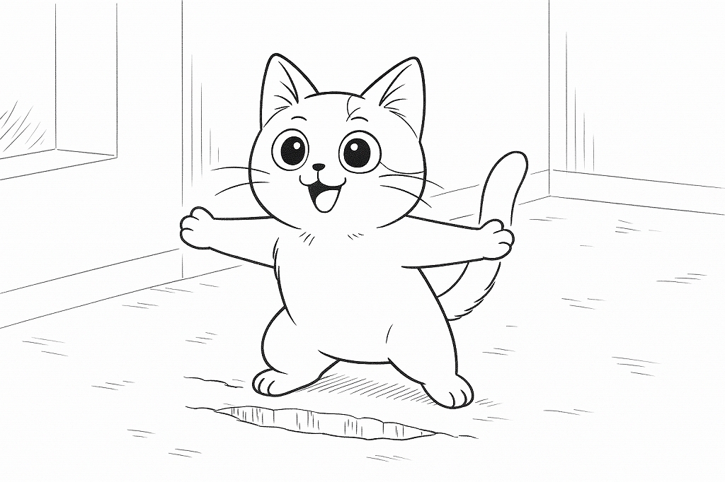土地の裂け目の前で腕を広げ、嬉しそうに立つ猫の白黒線画。