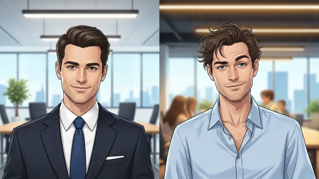 同じ人物が左右に並び、普段着ときちんとした服装の違いによって印象が大きく変わって見える様子を表したイラスト