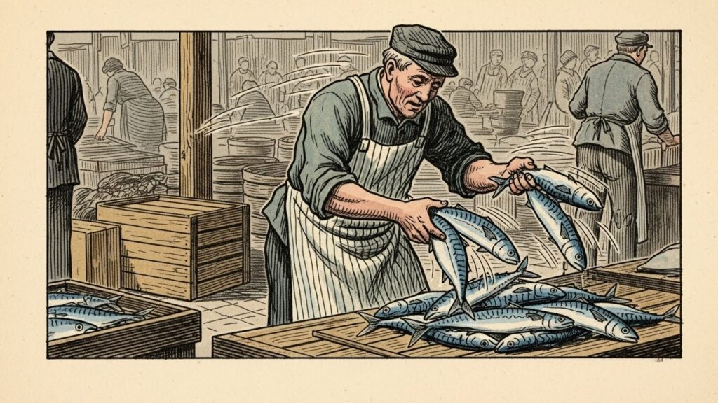 魚市場で、正確に数える余裕がなく魚を急いで数えている人の様子