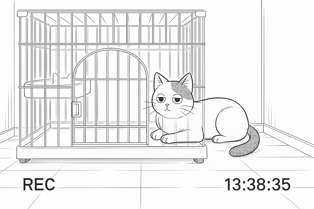 ケージの前で伏せ、落ち着いた表情でこちらを見る白猫。画面下にREC表示と時刻が入っている。
